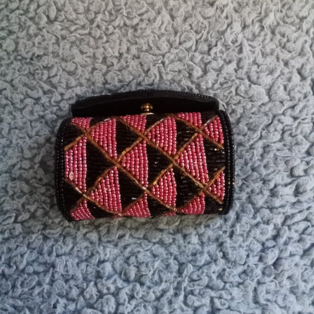 Vintage Beaded Lipstick Case Black and Deep Red Beads Mirror Snap Closure 1990s
